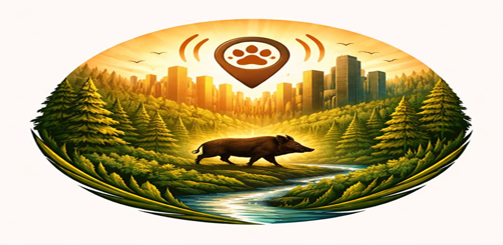 Wildschwein im Wald vor einer Stadtkulisse